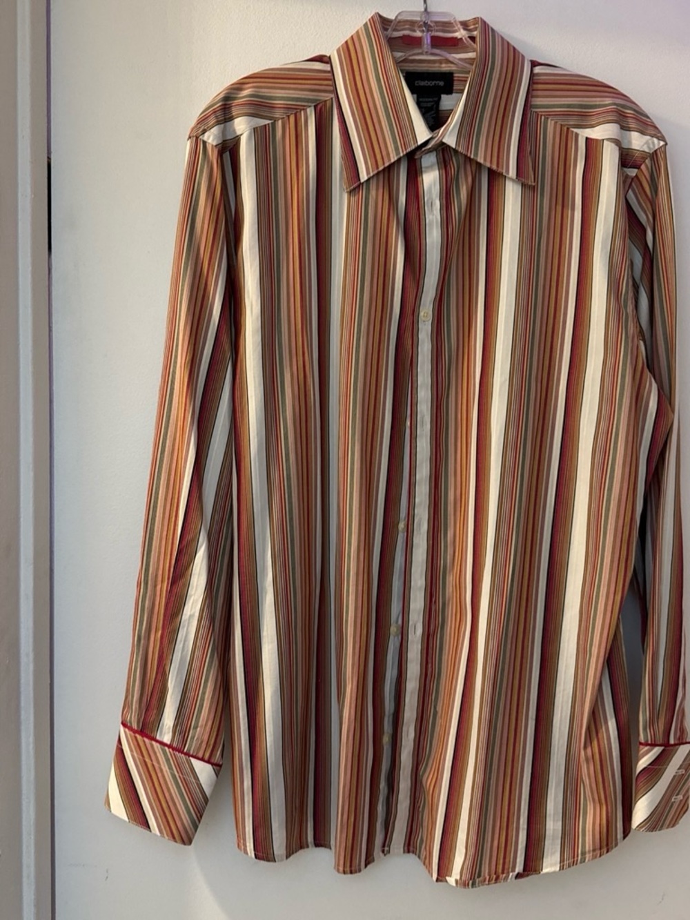 Claiborne Striped Dress Shirt in Cream, Tan, Brown and Red
